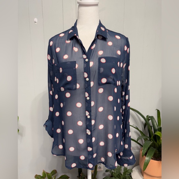#15)  Hollister Navy Sheer Button-Down Shirt with White and Pink Polka Dots - Picture 2 of 5